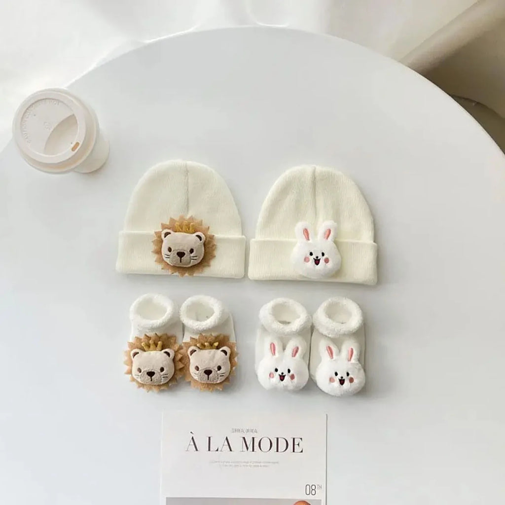 Baby Hat and Socks Set Cute Animal Knit Beanie