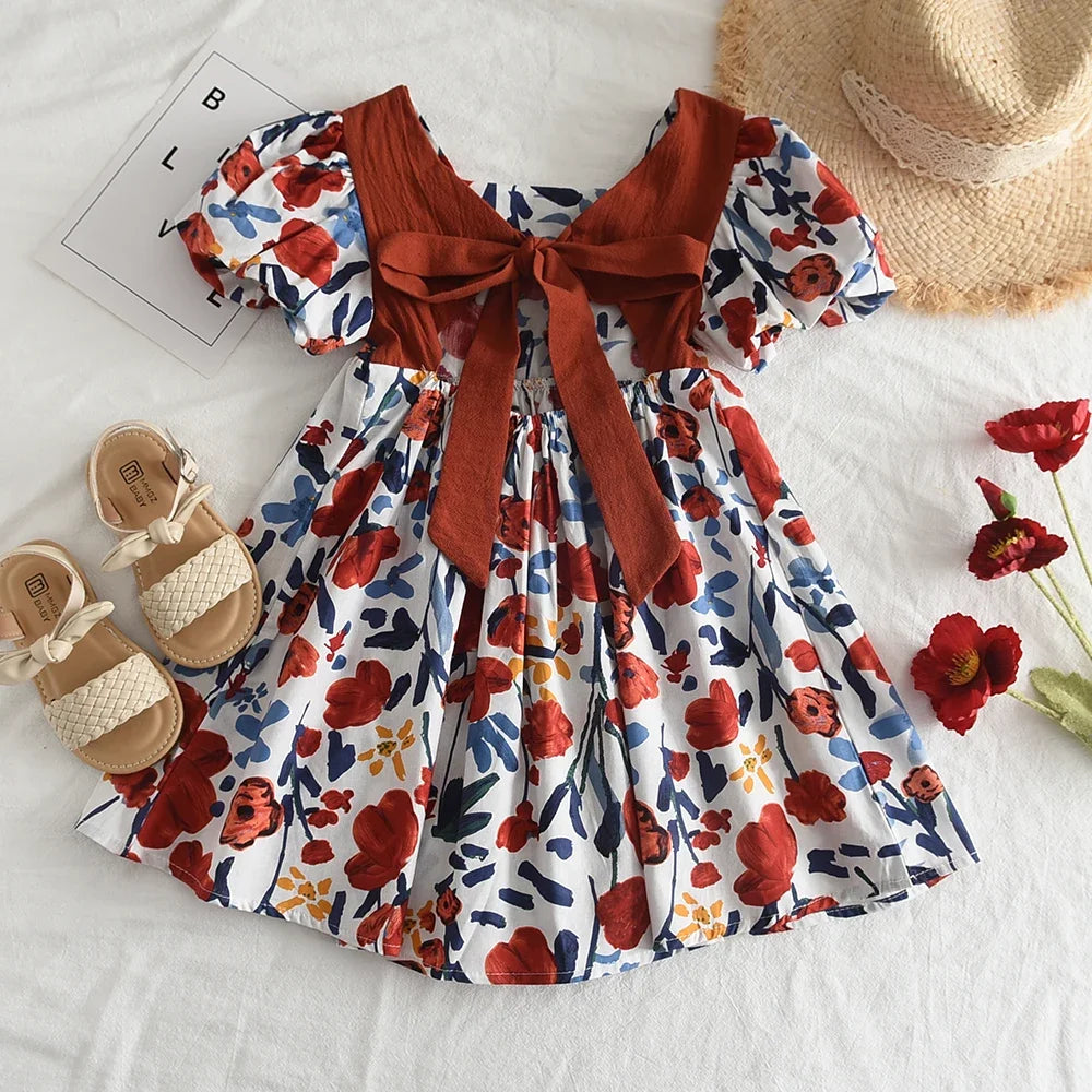 Girls Rose Pink Plaid Bow Midi Dress Princess Party Sundress