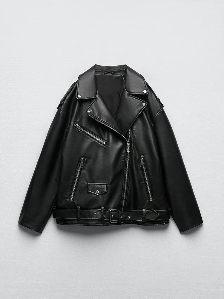 Women Black PU Leather Biker Jacket Belted Zipper Loose Fit Spring Autumn Coat