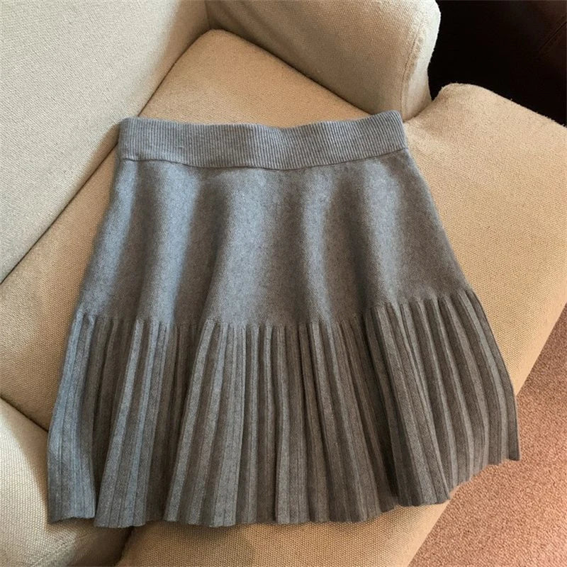 Women Pleated Mini Skirt Elastic Waist Knit Korean Style Casual Skirt