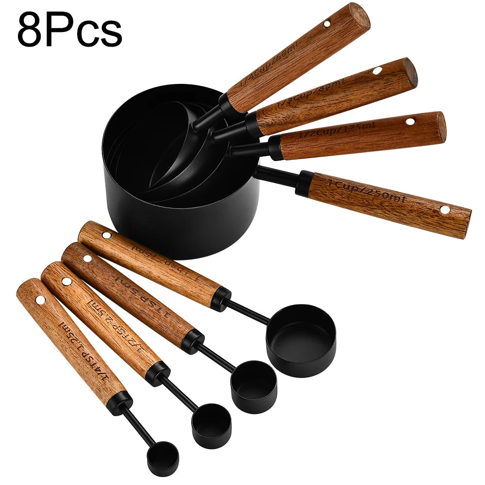 Stainless Steel Measuring Cups Spoons Set Wooden Handle Baking Coffee Tools
