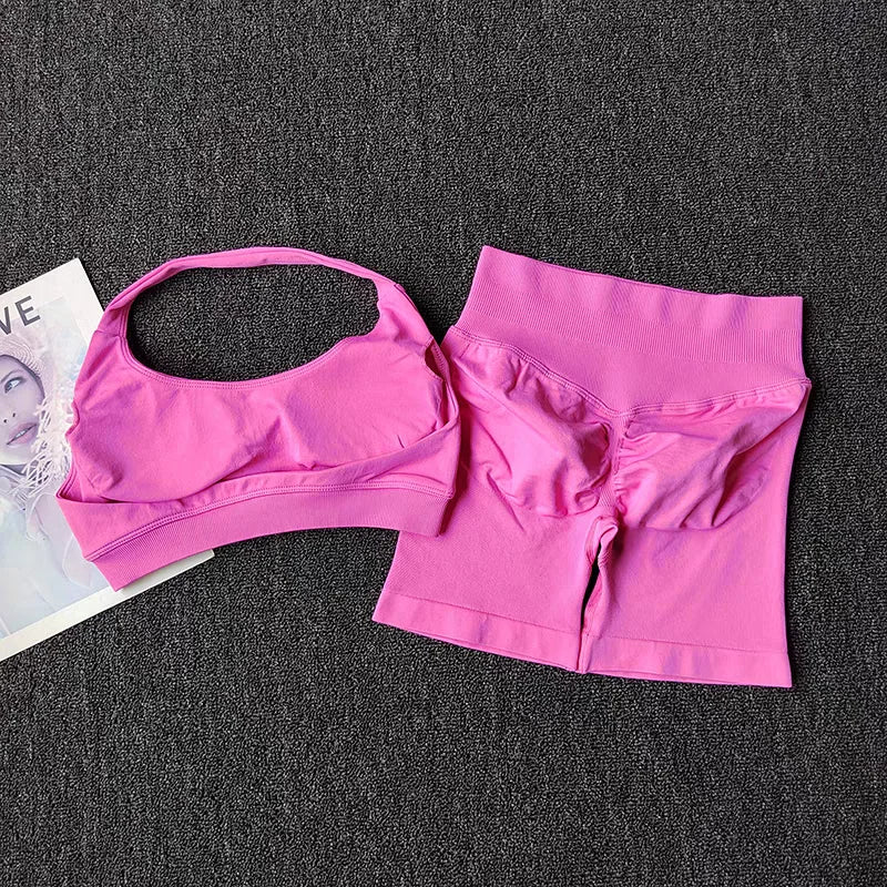 Women Seamless Gym Set Sports Bra & Shorts Workout Fitness Yoga Outfit