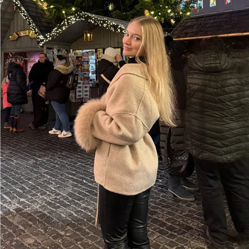 Women Wool Coat Faux Fur Collar Short Double Sided Elegant Jacket