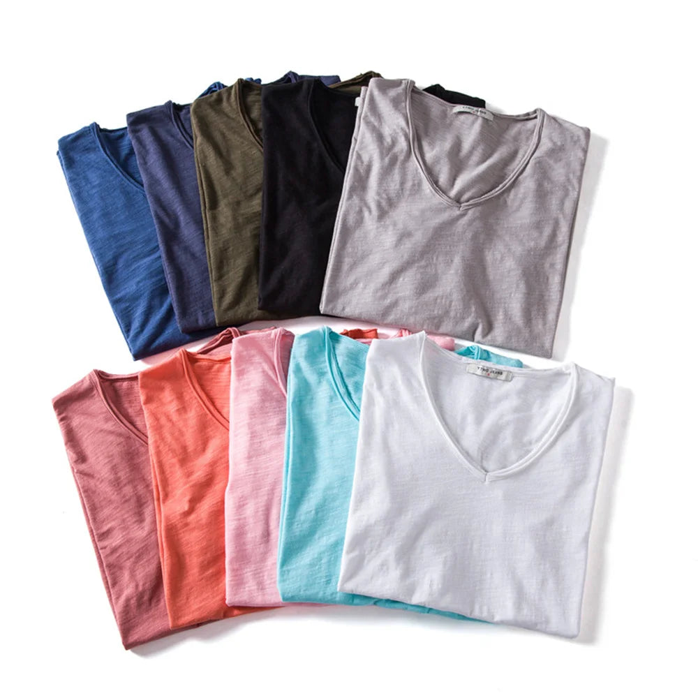 Men Cotton V-Neck Slim Fit T Shirt Short Sleeve Fashion Basic Tee