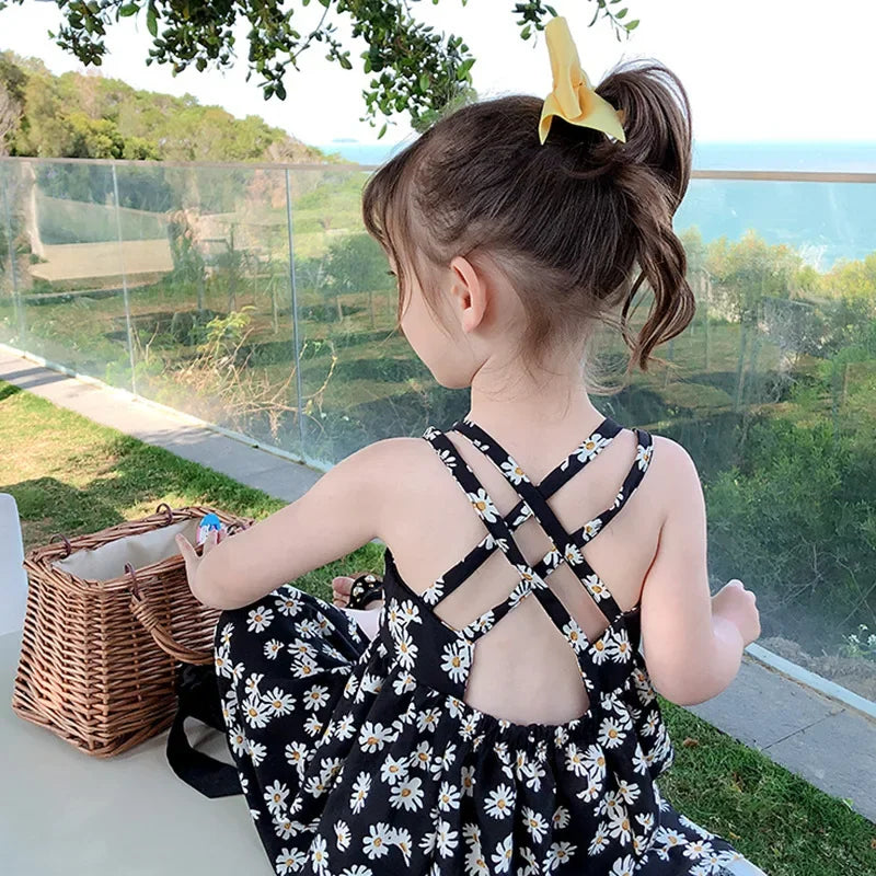 Girls Daisy Print Sleeveless Dress Cute Casual Flower Dress for Kids 2-6 Years