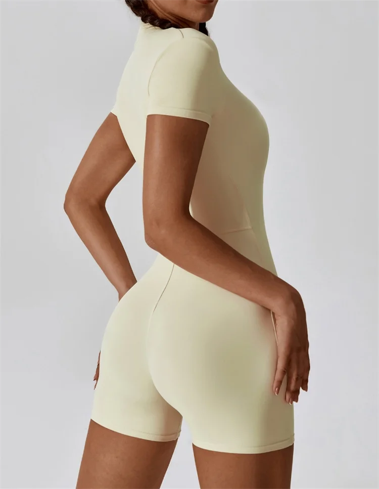Women Seamless One Piece Gym Jumpsuit Short Sleeve Zip Fitness Bodysuit