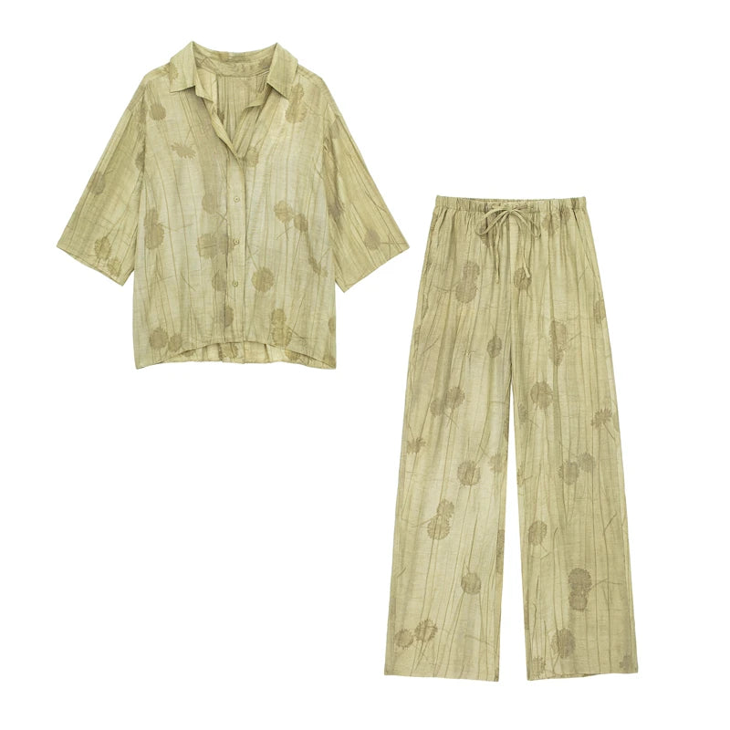 Women Jacquard Two Piece Set Loose Shirt and Casual Pants Chic Summer Outfit