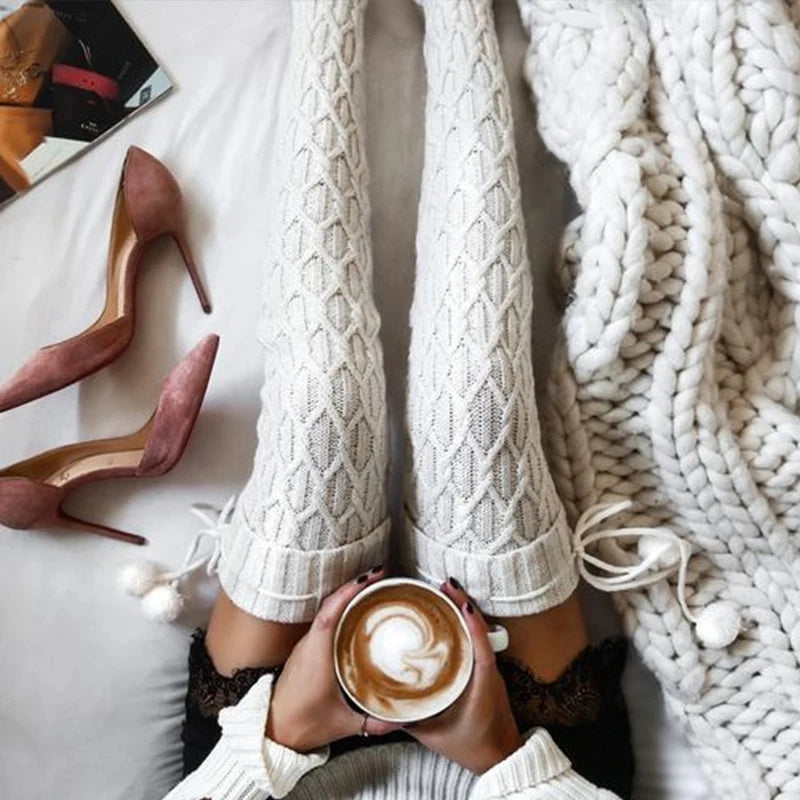 Women Winter Wool Socks Thick Warm Bow Knitted Stockings