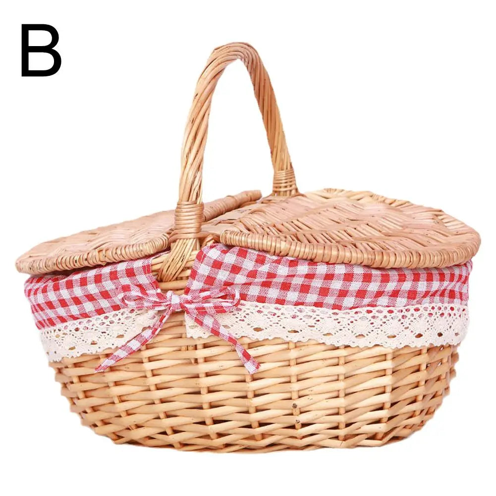 Handmade Wicker Picnic Basket with Handle Willow Storage Hamper Camping Fruit Basket