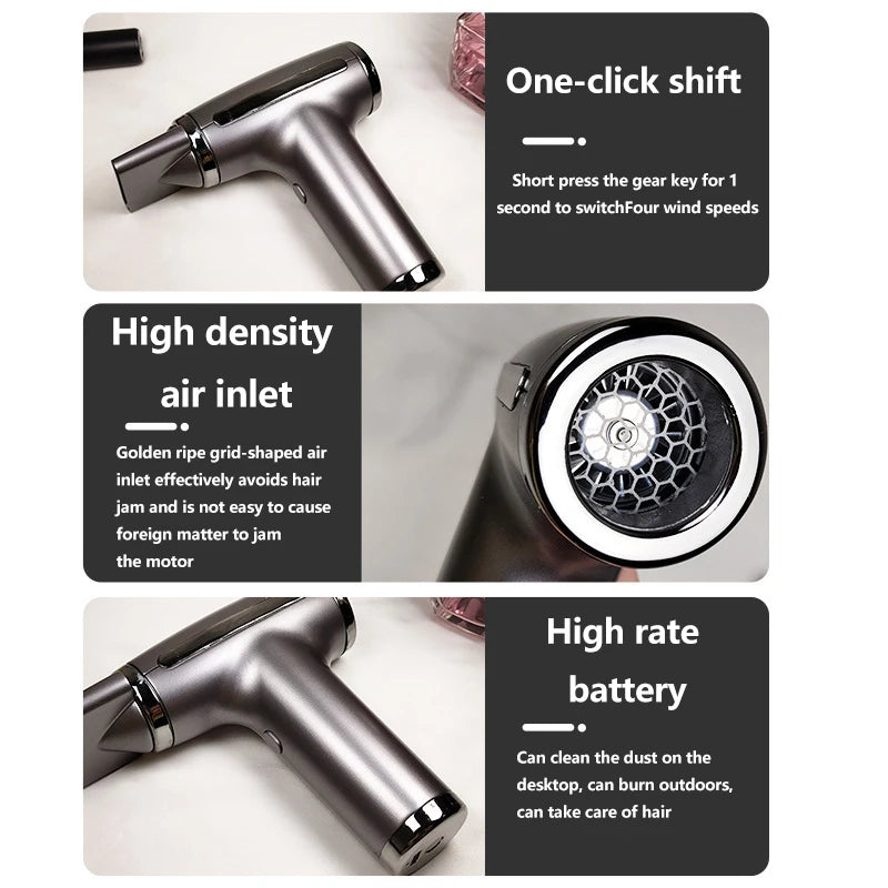 4-in-1 Wireless Hair Dryer USB Rechargeable Negative Ion Air Duster Blower