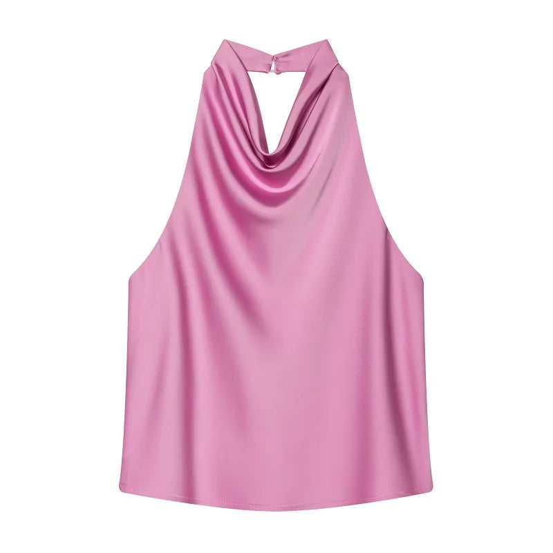 Women Satin Halter Backless Top Summer Beach Camisole Crop Top
