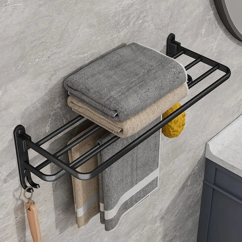 Matte Black Folding Towel Rack Wall Mount Aluminum Holder with Hook 50cm