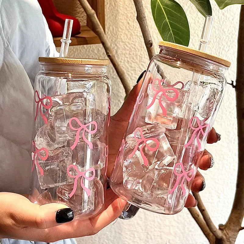 Cute Bow 500ml Glass Tumbler Mason Jar Cup with Straw Lid Iced Coffee Juice Bottle