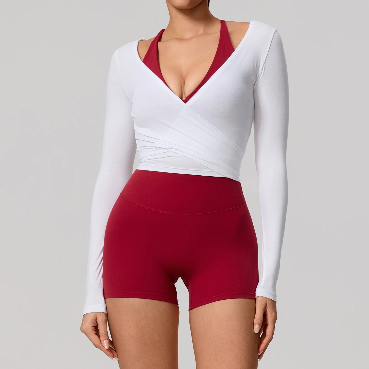 Women Yoga Shirt Long Sleeve Sports Top Quick Dry Breathable Gym Pilates Dance Wrap Top