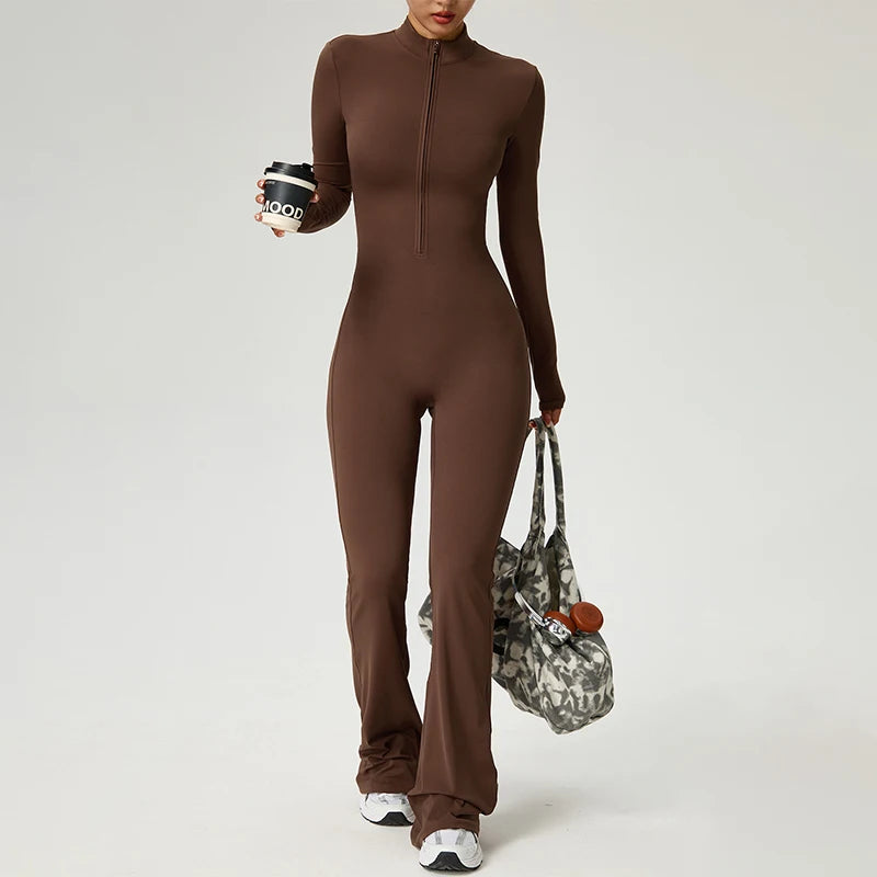 Women Long Sleeve Fitness Jumpsuit Zipper Yoga Bodysuit for Gym Workout