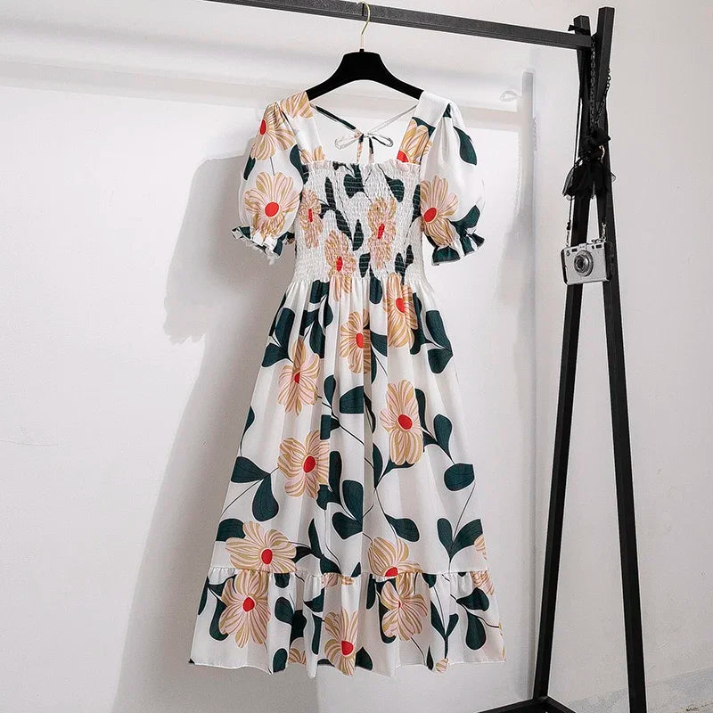 Women’s Chiffon A-Line Dress Short Sleeve Pleated Elastic Waist Casual Summer Dress