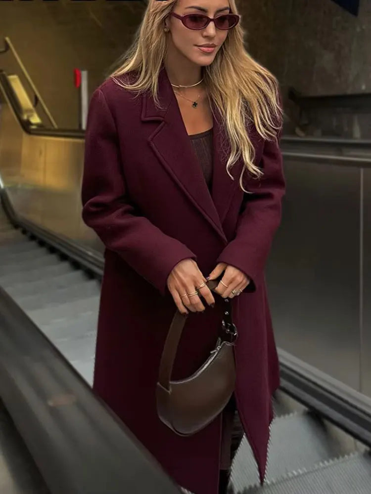Women Burgundy Double Breasted Coat Elegant Winter Jacket