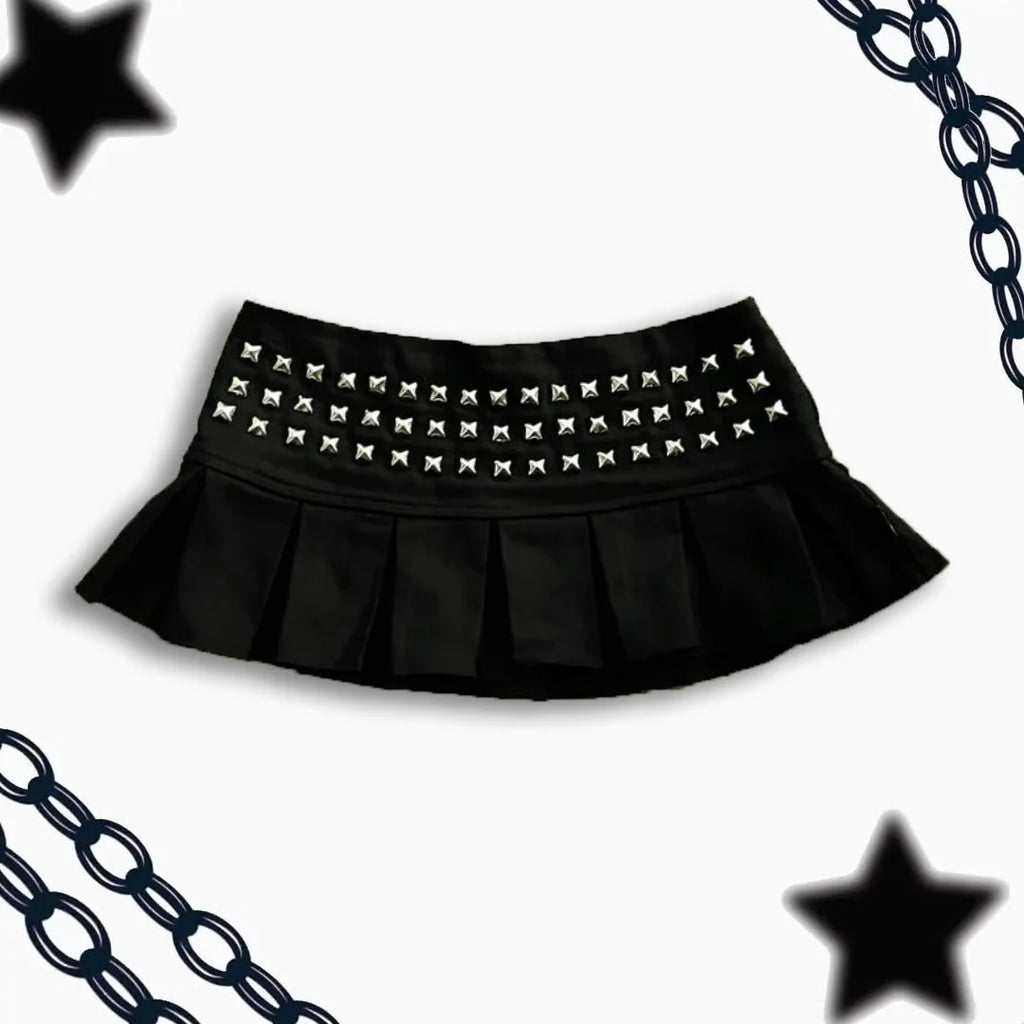 Women Y2K Gothic Studded Pleated Mini Skirt Punk Rivet Hot Girl Skirt