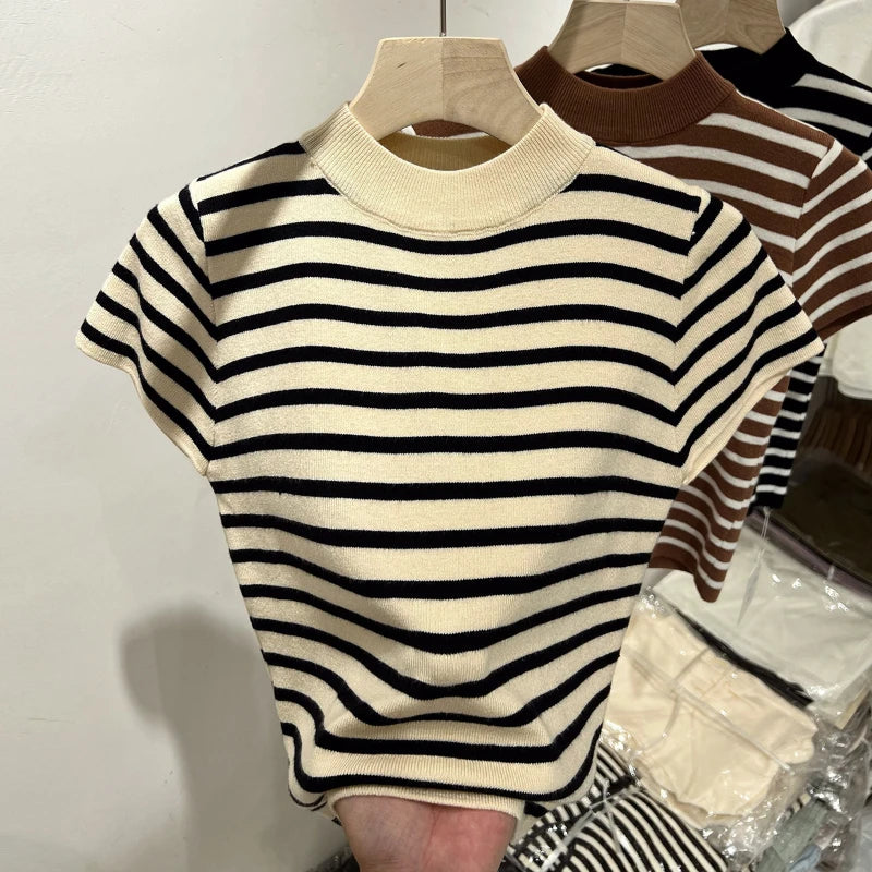 Women Half Turtleneck Striped Knit Top Slim Fit Short Sleeve Sweater