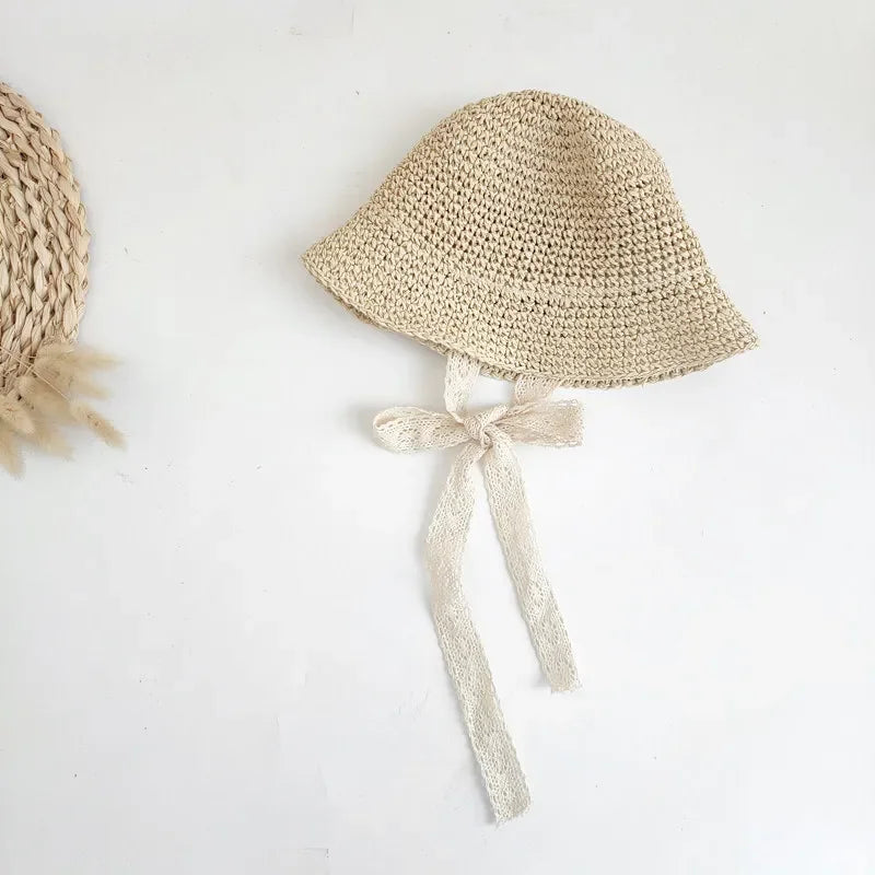 Kids Lace Straw Bow Summer Sun Hat Baby Girls Beach Panama Cap