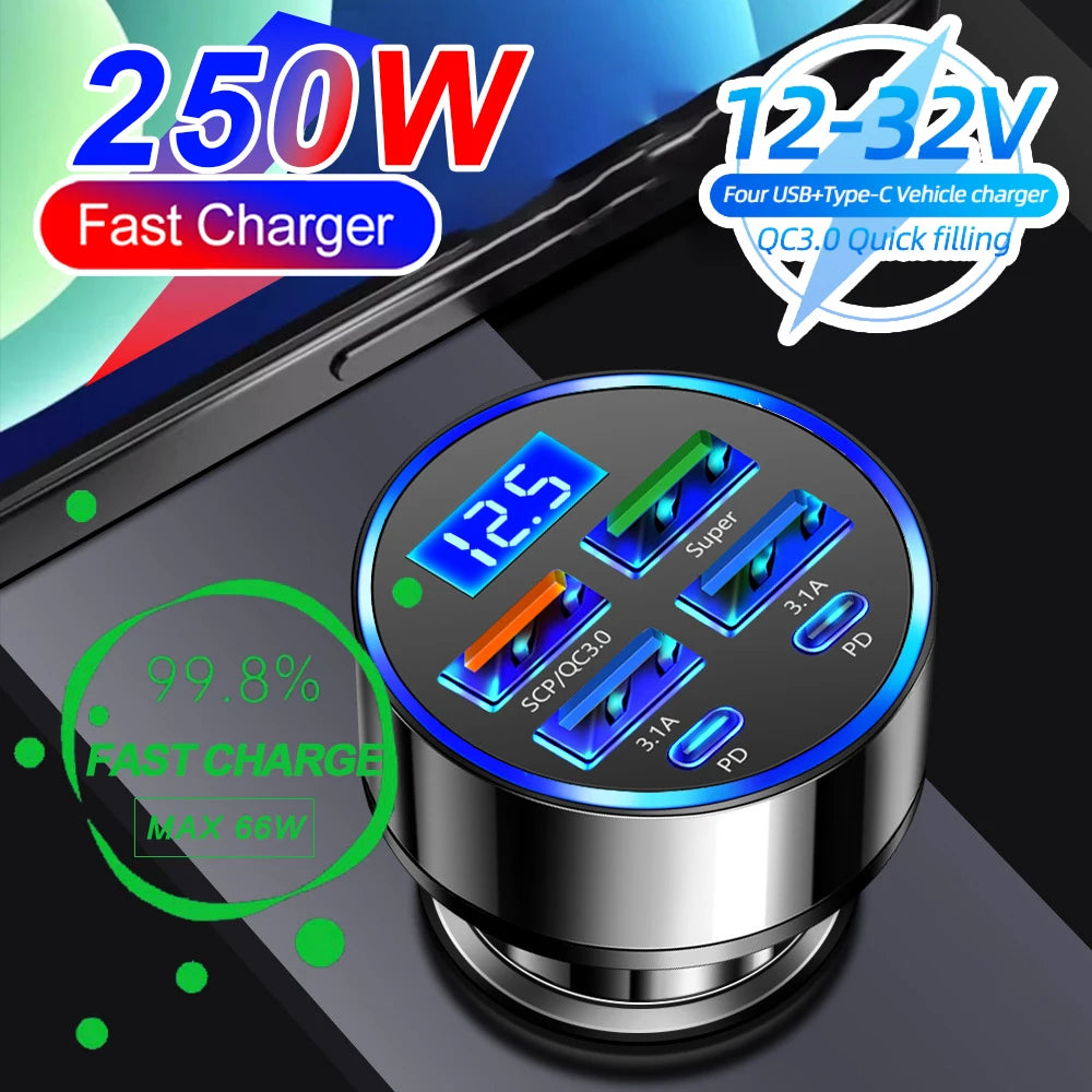 6-Port Fast Car Charger 250W – Multi USB PD & QC3.0 Cigarette Lighter Adapter with LED Display