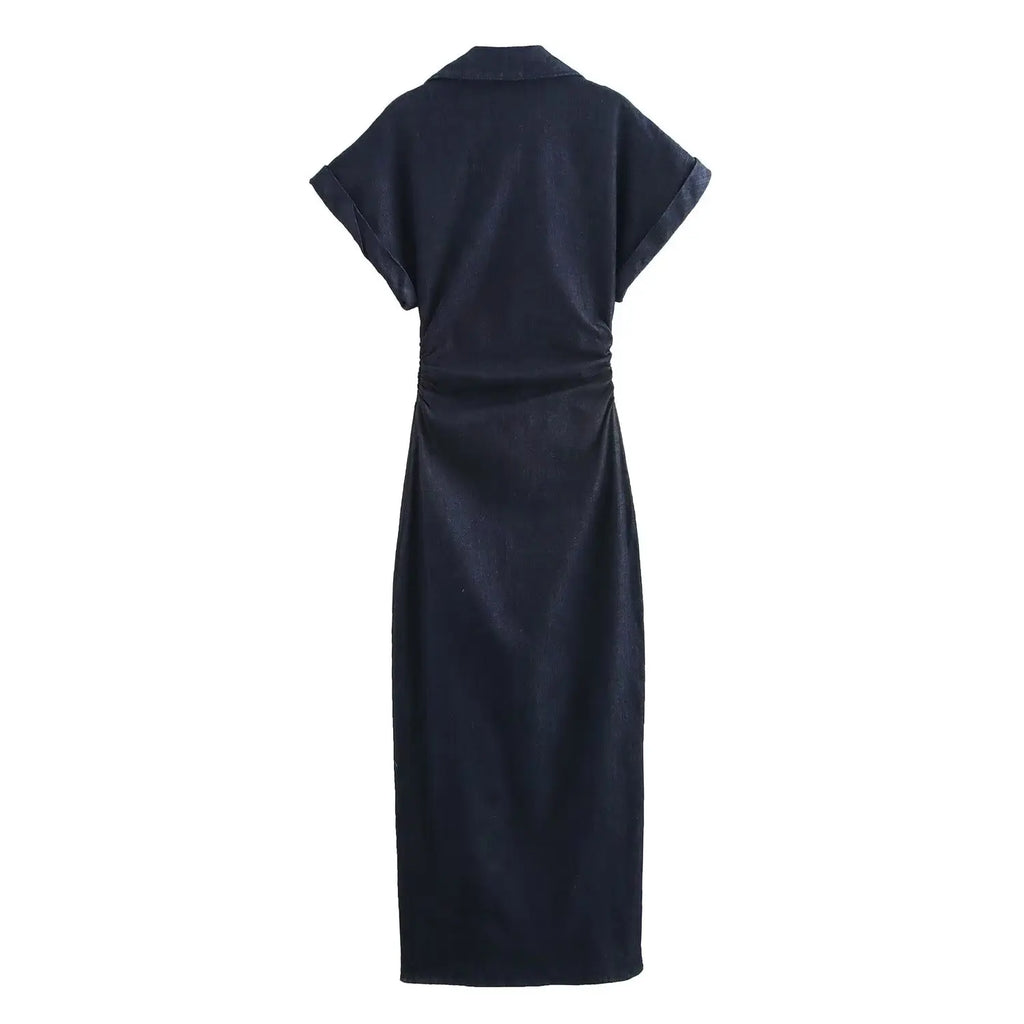 Women Denim Midi Dress Lapel Slim Fit Waist Belted Side Zipper Elegant Spring Dress