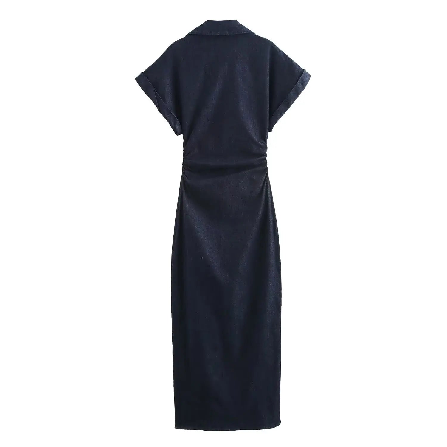 Women Denim Midi Dress Lapel Slim Fit Waist Belted Side Zipper Elegant Spring Dress