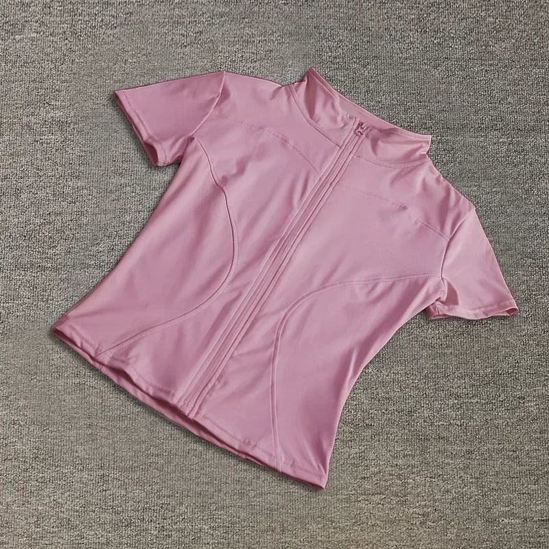 Women’s Slim Fit Full Zip Yoga Shirt Quick Dry Short Sleeve Training Top