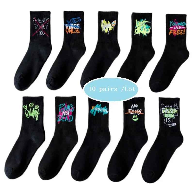 Cotton Harajuku Graffiti Long Socks Black White Anime Hip Hop Funny Fashion Socks 10 Pairs