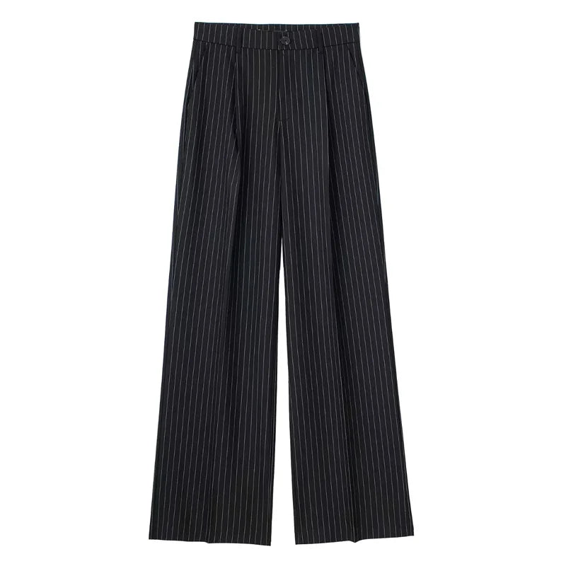 Women High Waist Striped Wide Leg Suit Pants Office Casual Trousers