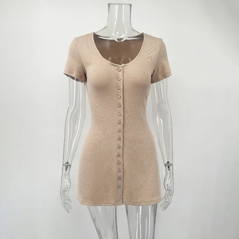 Women Knitted Mini Dress V Neck Button Short Sleeve Elastic Casual Dress