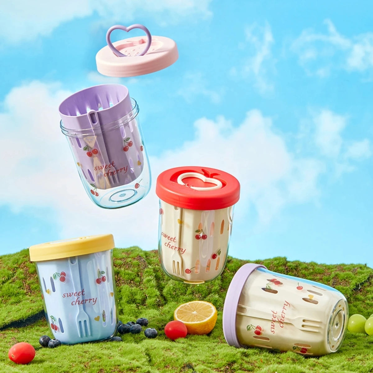 Double Wall Salad Cup Portable Leak Proof Oat Fruit Container with Fork Handle