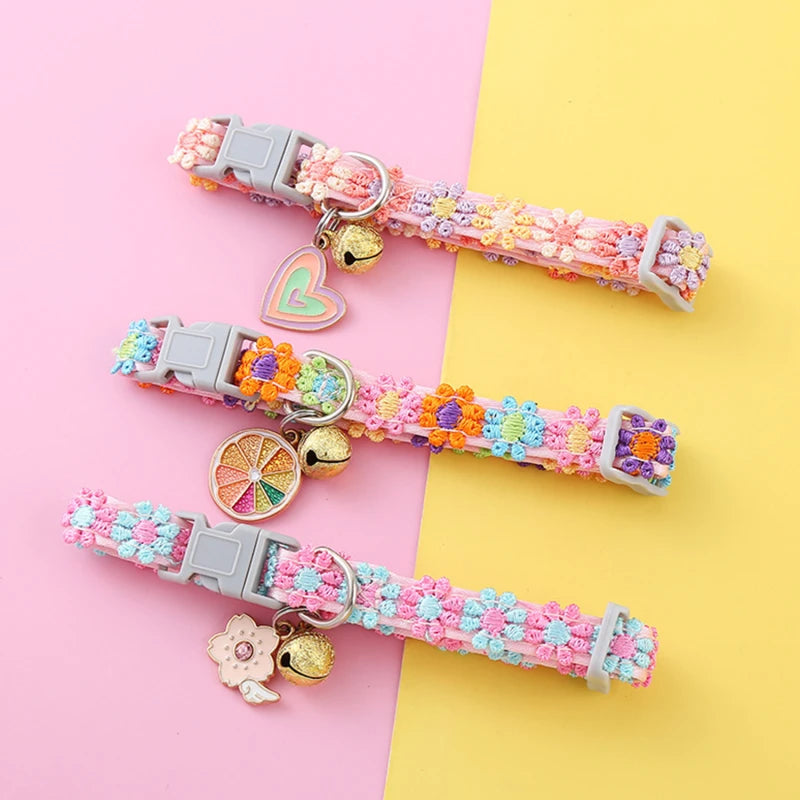 Rainbow Flower Cat Collar with Bell Adjustable Cute Lace Collar for Cats and Puppies