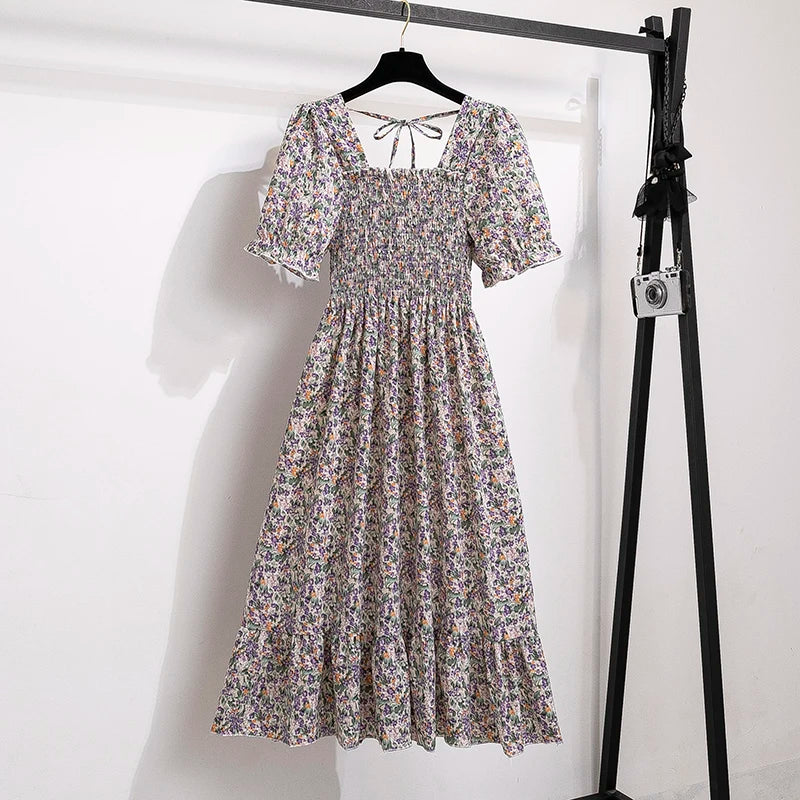 Women’s Chiffon A-Line Dress Short Sleeve Pleated Elastic Waist Casual Summer Dress