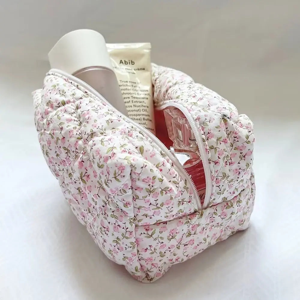 Floral Quilted Zipper Makeup Bag Cosmetic Storage Travel Organizer Pouch
