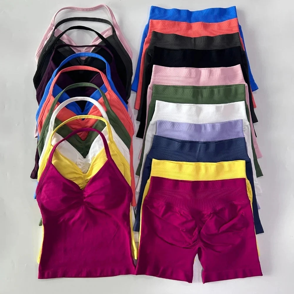 Yoga Set Women Seamless Tank Top High Waist Scrunch Shorts Gym Workout Set