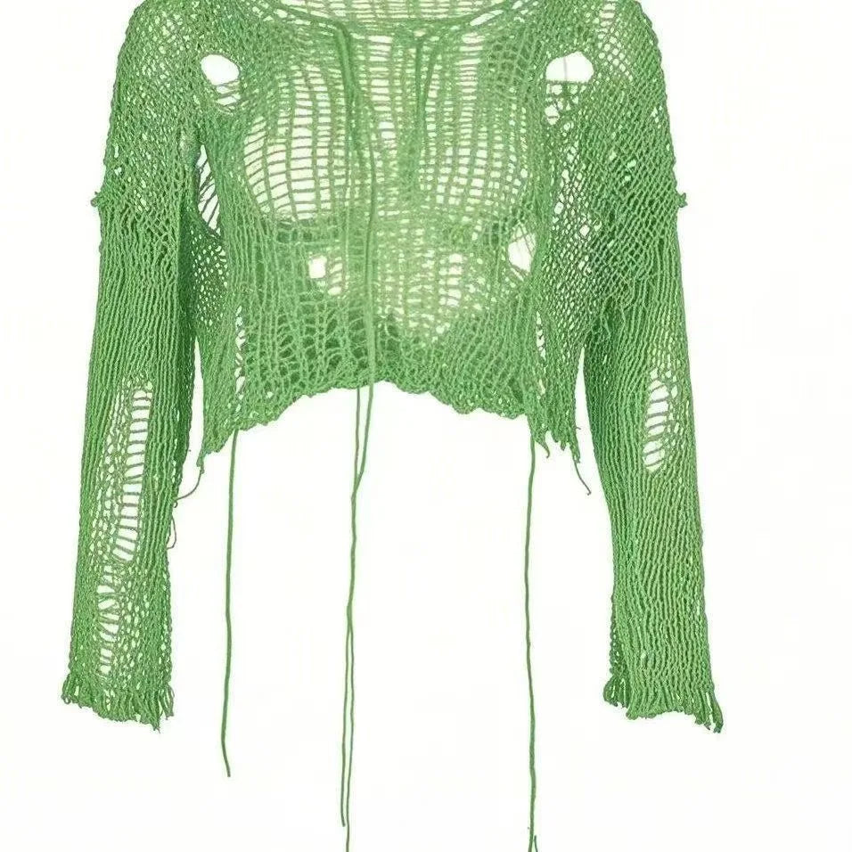 Women Y2K Cropped Cutout Knit Sweater Hollow Out Long Sleeve Sheer Pullover Top