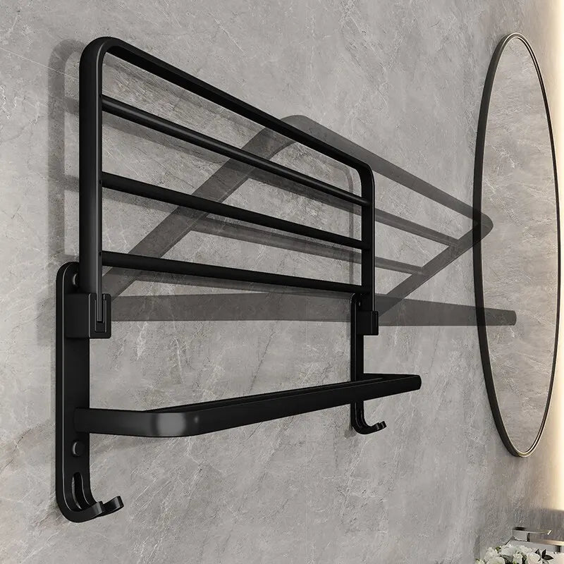Matte Black Folding Towel Rack Wall Mount Aluminum Holder with Hook 50cm