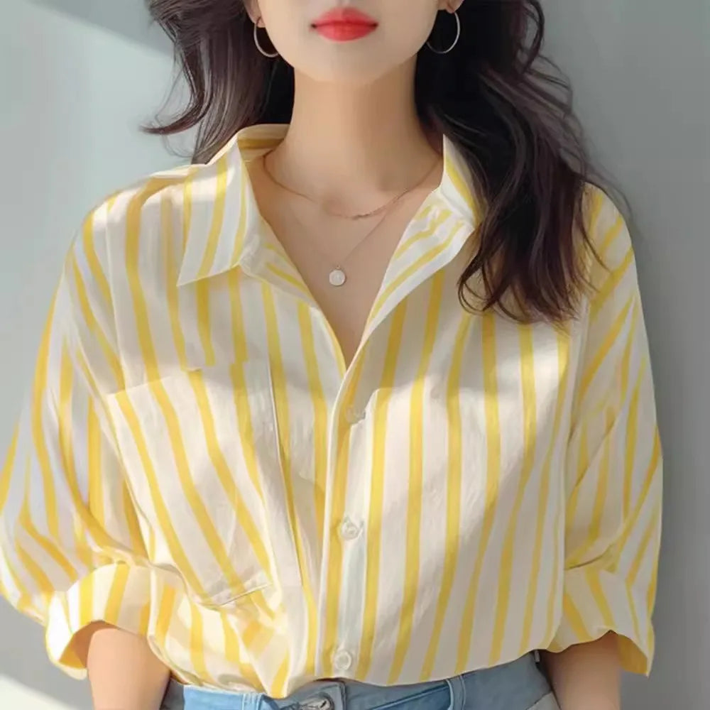 Women Striped Long Sleeve Shirt Yellow White Casual Spring Autumn Top