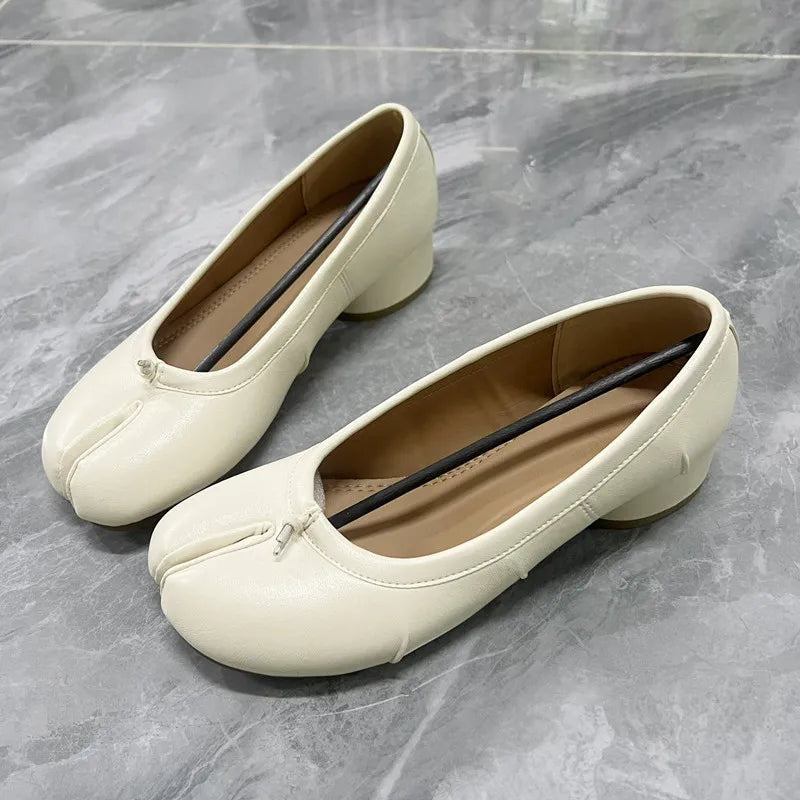Women Tabi Split Toe Pumps Microfiber Leather Low Heel Pleated Loafers Casual Shoes Summer