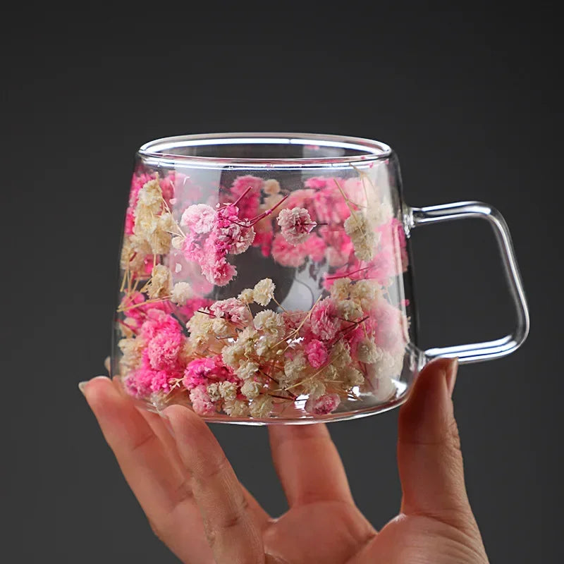 200ml Double Wall Flower Glass Mug with Handle for Coffee and Milk Tea