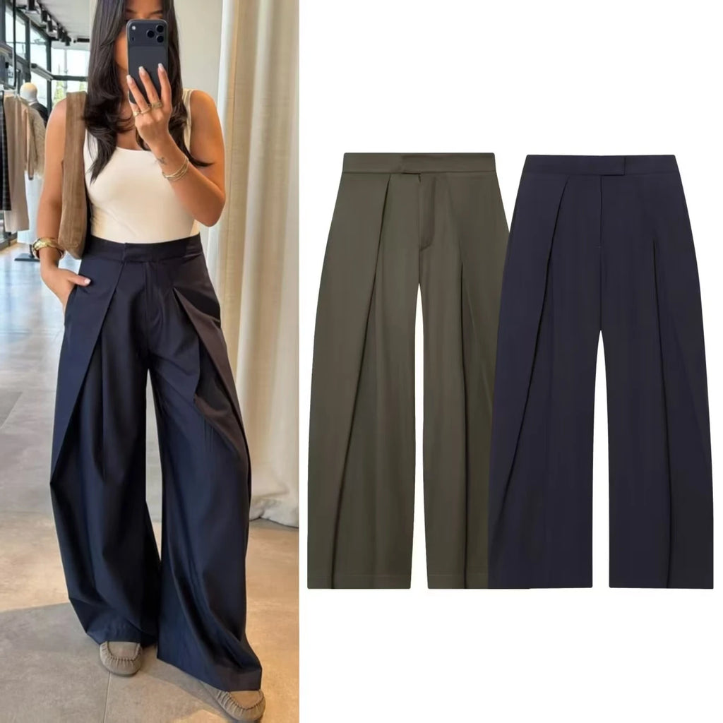 Women Military Green Pleated Wide Leg Pants Loose Casual Fashion Trousers 2025