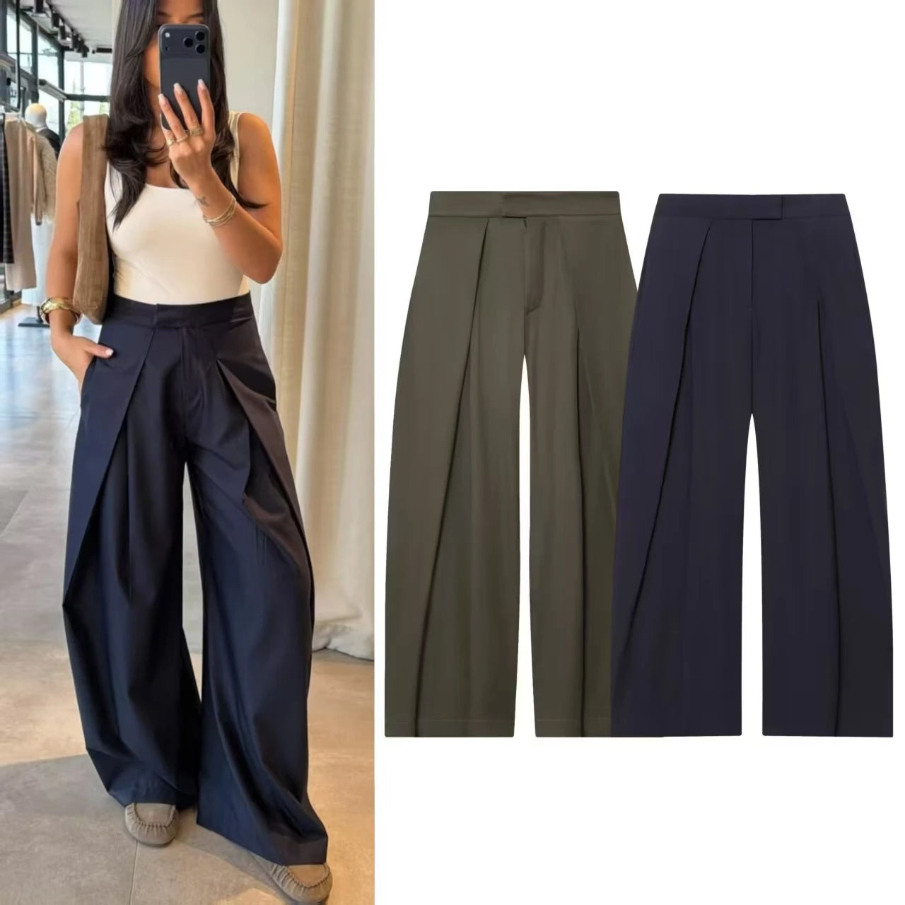 Women Military Green Pleated Wide Leg Pants Loose Casual Fashion Trousers 2025