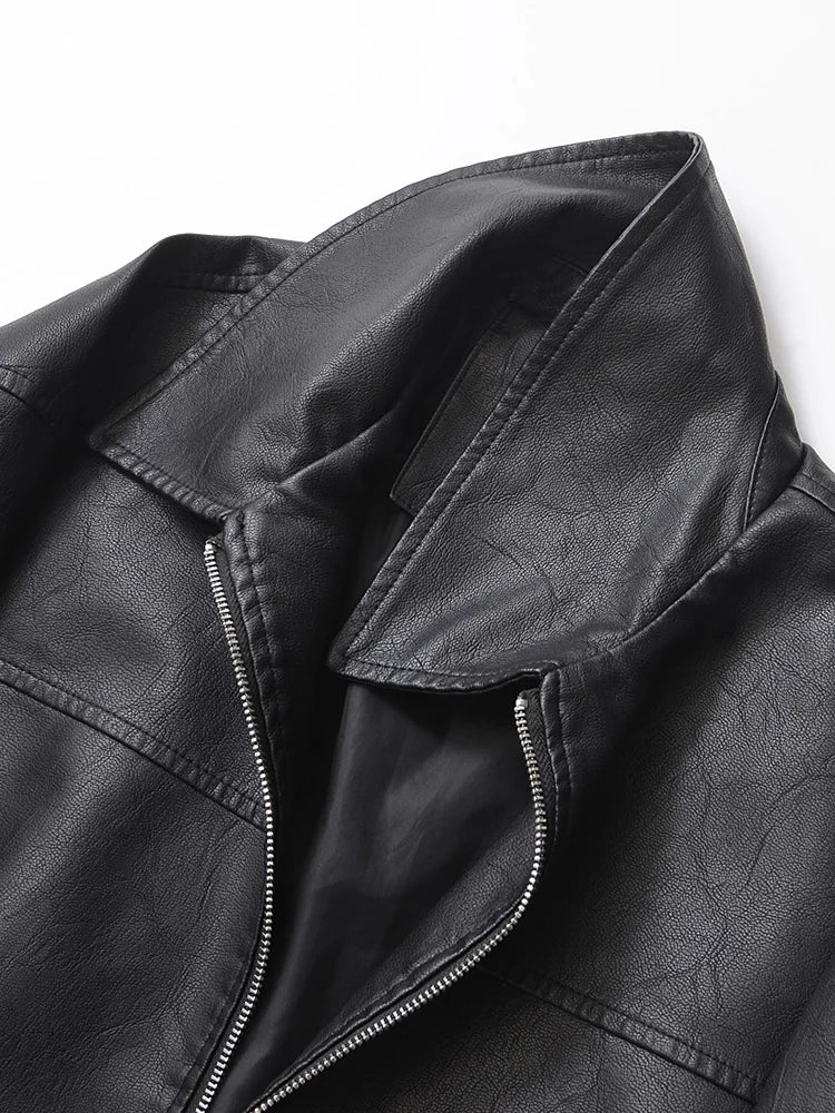 Women Retro PU Leather Biker Jacket Loose Fit Zipper Coat Streetwear Outwear