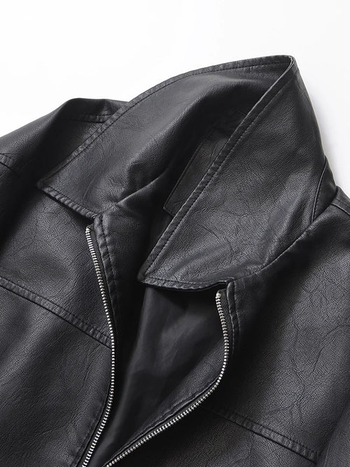 Women Retro PU Leather Biker Jacket Loose Fit Zipper Coat Streetwear Outwear