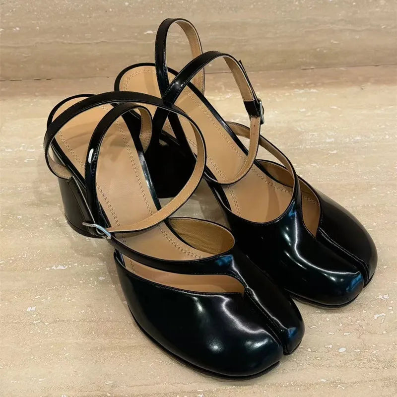 Women Patent Leather Tabi Split Toe Slingback High Heel Pumps Chunky Casual Shoes