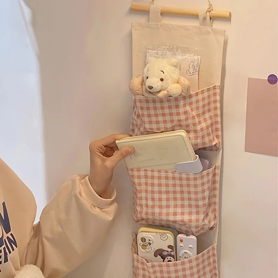 Wall Mounted Canvas Storage Bag Pink Bedroom Organizer for Books Jewelry Items