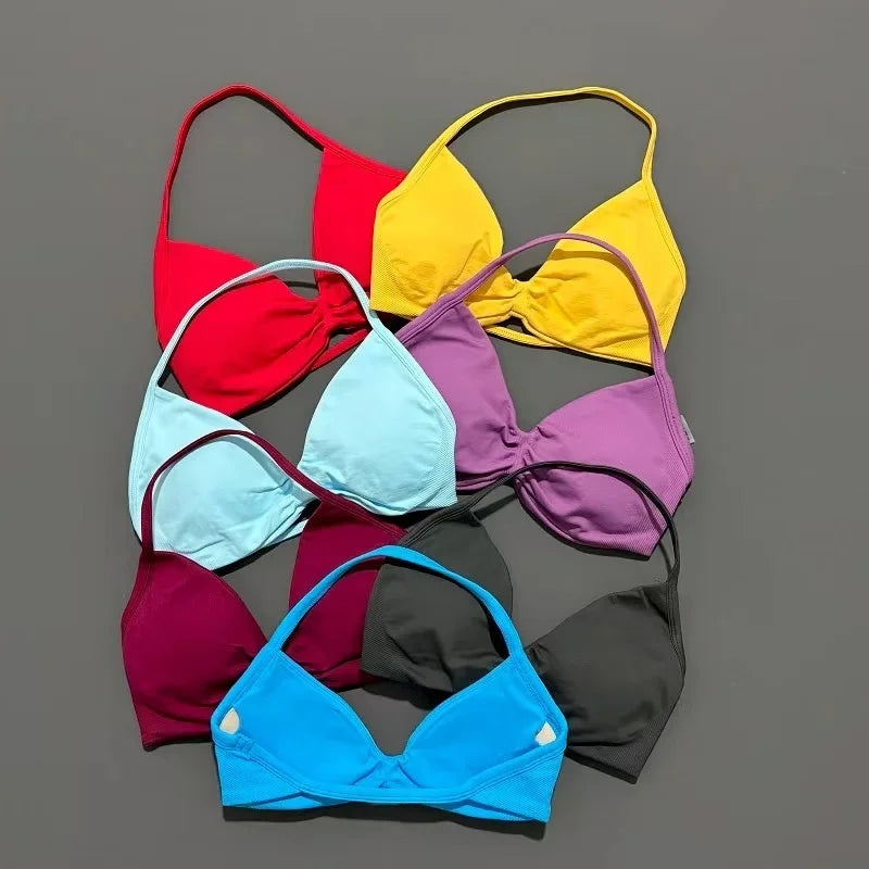 Seamless Strappy Sports Bra Halter Gym Top Women High Support Yoga Tank