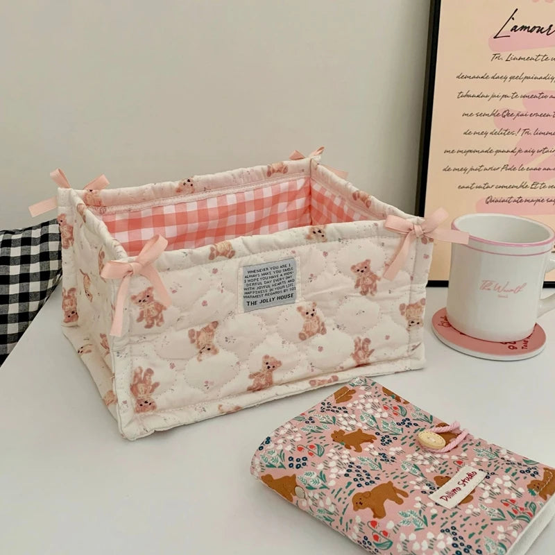 Lace Flower Quilted Square Storage Basket Desktop Organizer Home Decor Basket