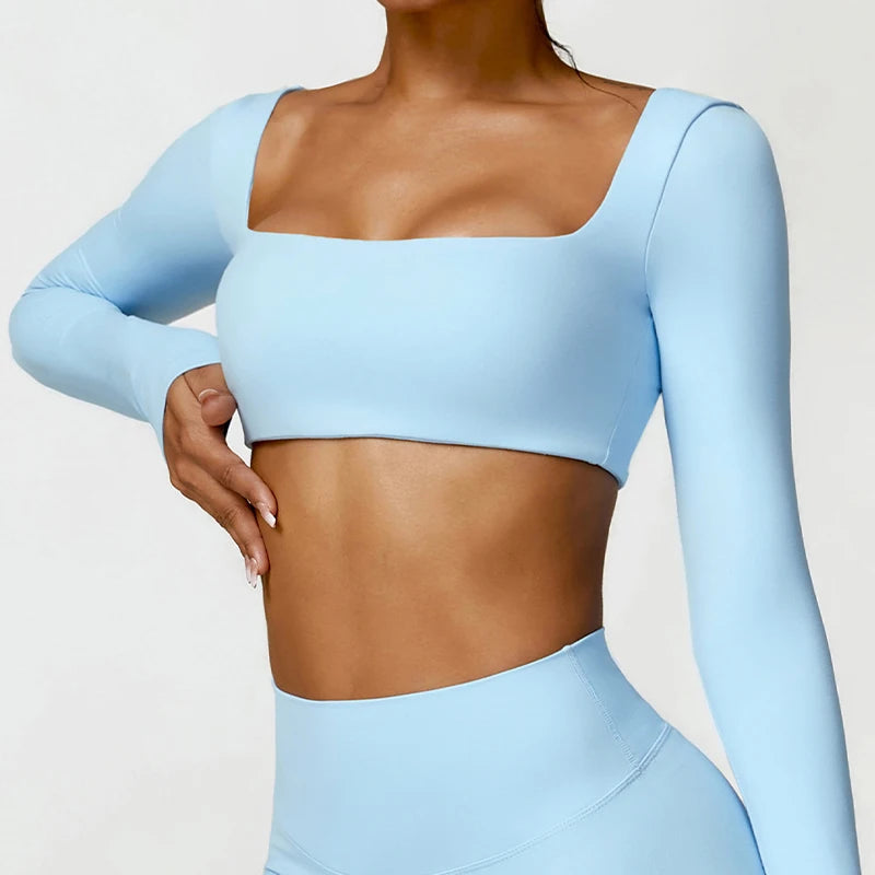 Women Square Neck Long Sleeve Crop Top Quick Dry Yoga Fitness Shirt